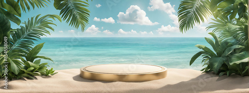  Beach podium summer background sand product 3D sea display platform. Beach podium summer banner stand scene sale sky holiday vacation stage water island sun travel pedestal promotion presentation ad.