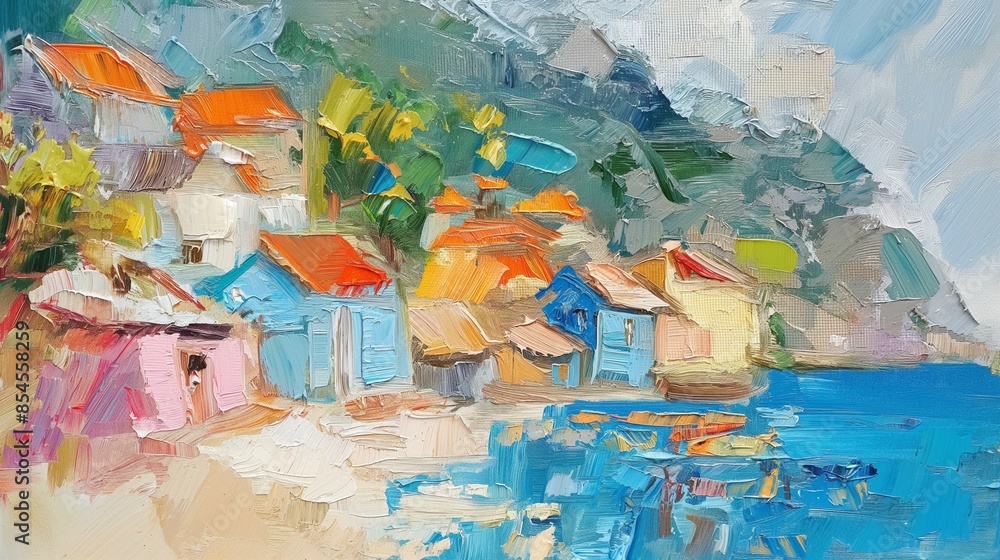 Fototapeta premium Oil painting of a small town in the Mediterranean on canvas