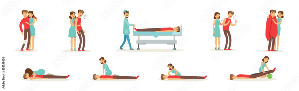 Woman Help Man as Emergency First Aid and Rescue Scene Vector Set