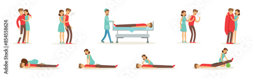 Woman Help Man as Emergency First Aid and Rescue Scene Vector Set