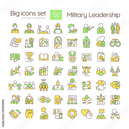Military leadership RGB color icons set. Professional development. Physical health, combat training. Isolated vector illustrations. Simple filled line drawings collection. Editable stroke