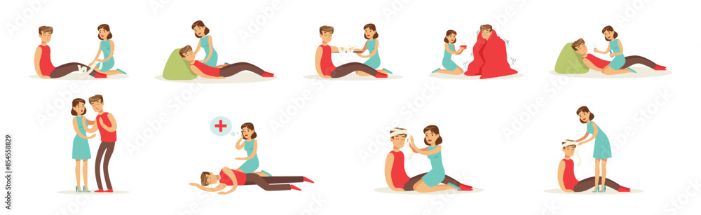 Woman Help Man as Emergency First Aid and Rescue Scene Vector Set Woman Help Man as Emergency First Aid and Rescue Scene Vector Set