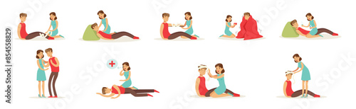 Woman Help Man as Emergency First Aid and Rescue Scene Vector Set