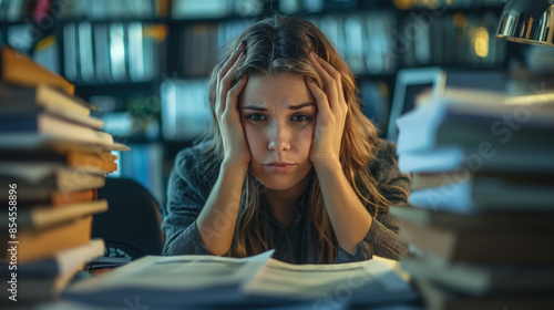 A woman is sitting at a desk with a pile of books and papers in front of her. She is looking at the pile of books and papers with a look of frustration on her face.Generative ai illustration.