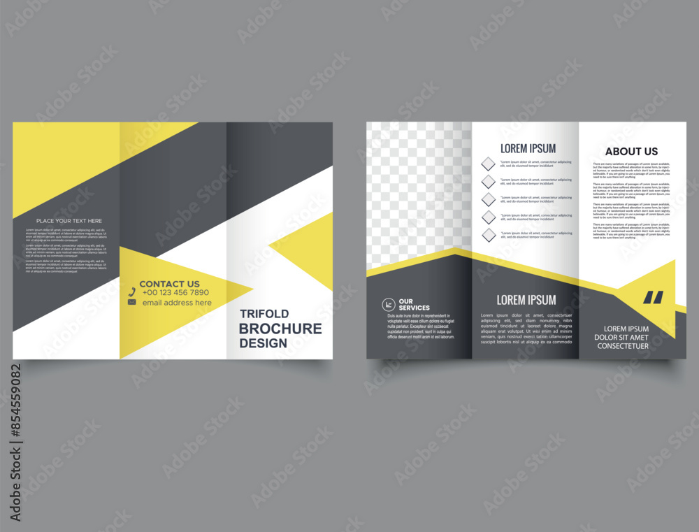 Yellow trifold brochure with triangles. Modern yellow trifold brochure. Professional tri fold brochure vector design. Yellow trifold brochure with triangles. Modern yellow trifold brochure. Professional tri fold brochure vector design.