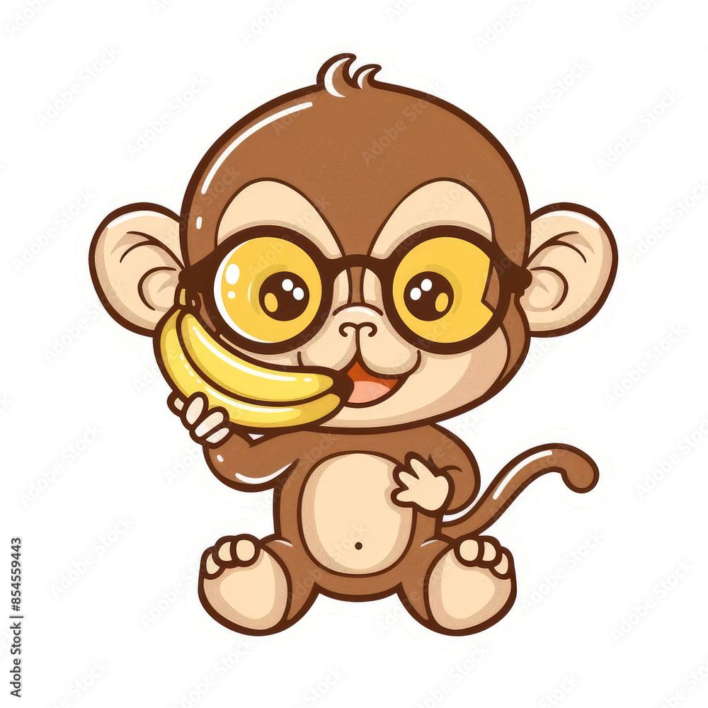 Sticker of cute cartoon monkey wearing sun visor and eating banana Sticker of cute cartoon monkey wearing sun visor and eating banana