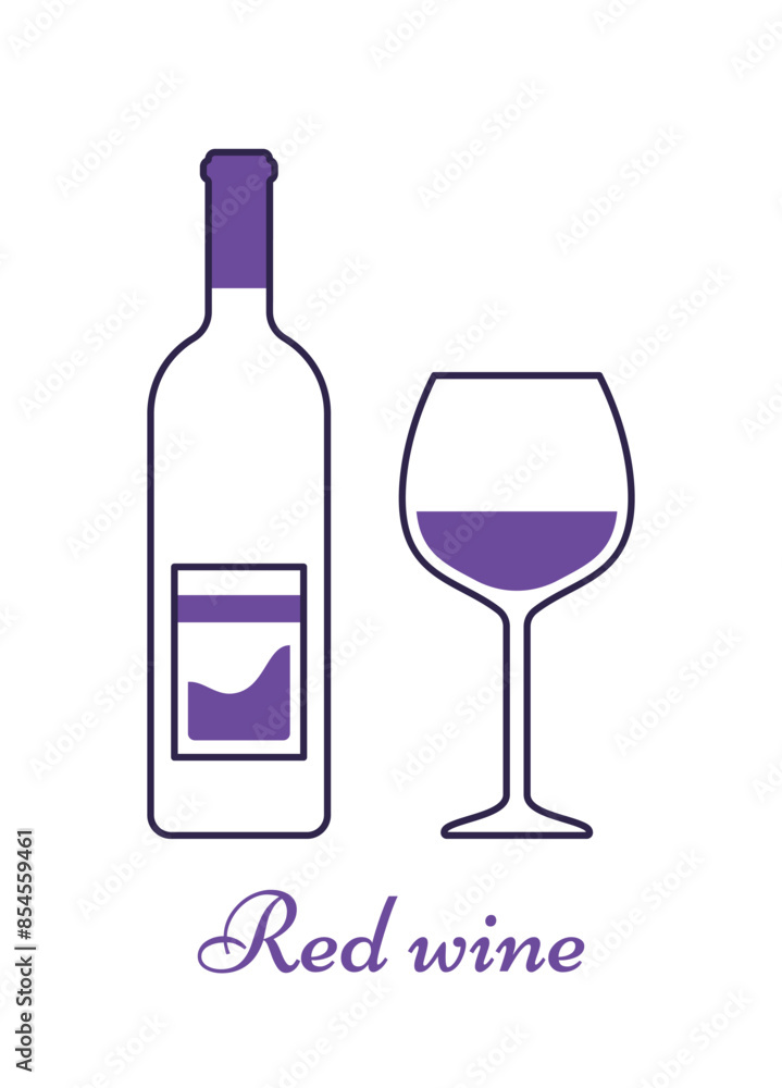 Red wine bottle and glass. Violet linear icons. Alcohol drinks with wineglasses. Outline beverage isolated on white background. Thin line objects in flat design. Vector illustration. Red wine bottle and glass. Violet linear icons. Alcohol drinks with wineglasses. Outline beverage isolated on white background. Thin line objects in flat design. Vector illustration.