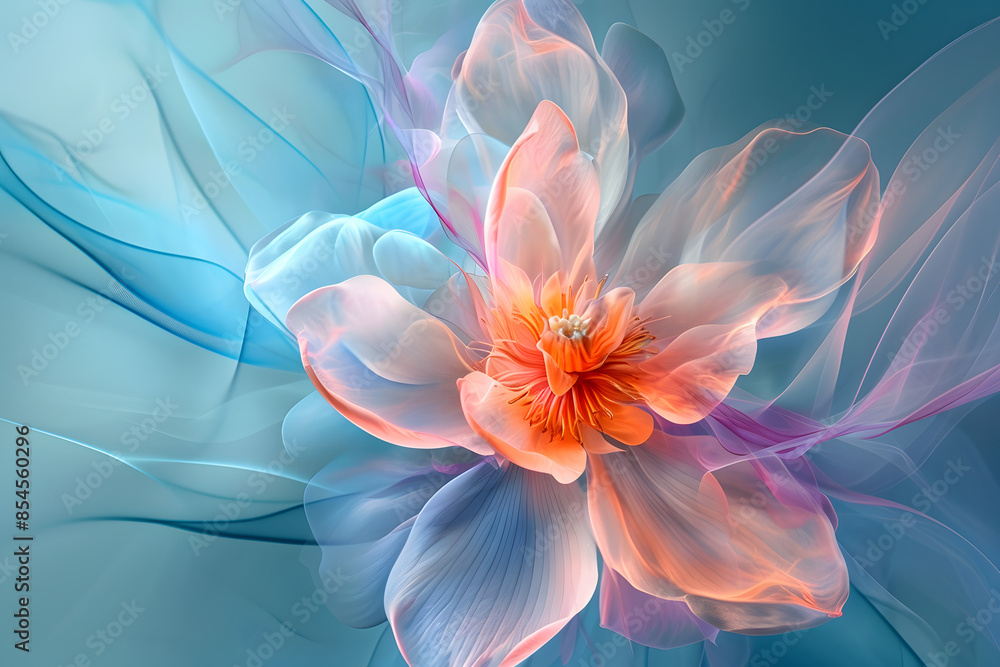 Fototapeta premium Transparent orange flowers on a blue background