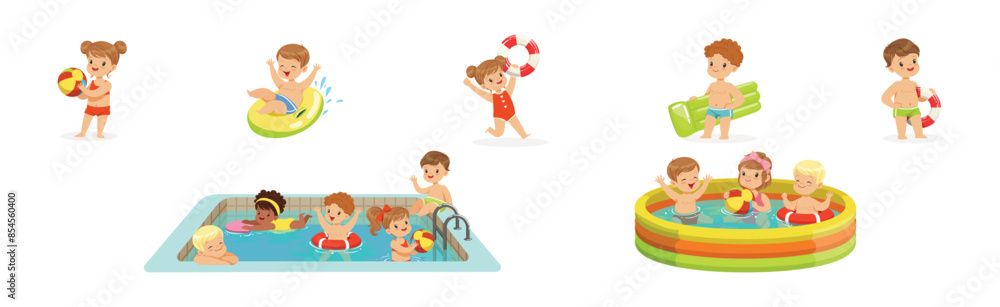 Small Children Having Fun In Water of the Pool Vector Set Small Children Having Fun In Water of the Pool Vector Set