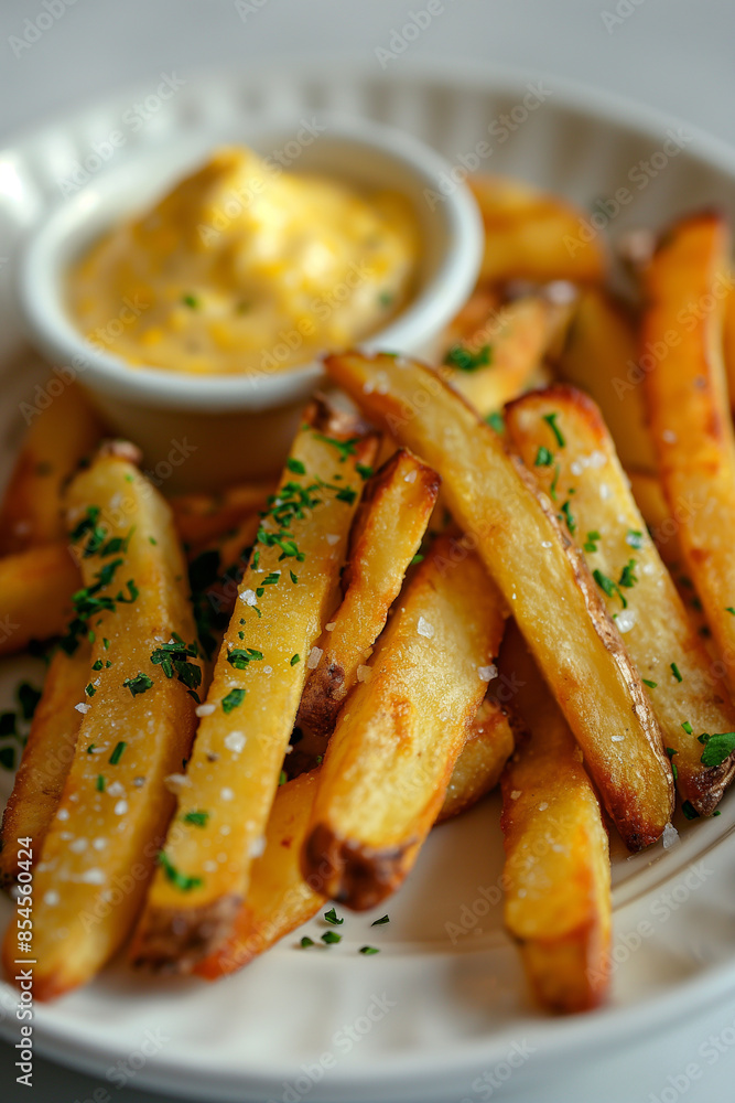 Homemade Baked Potato Fries with Mayonnaise and rosemary on white background Homemade Baked Potato Fries with Mayonnaise and rosemary on white background
