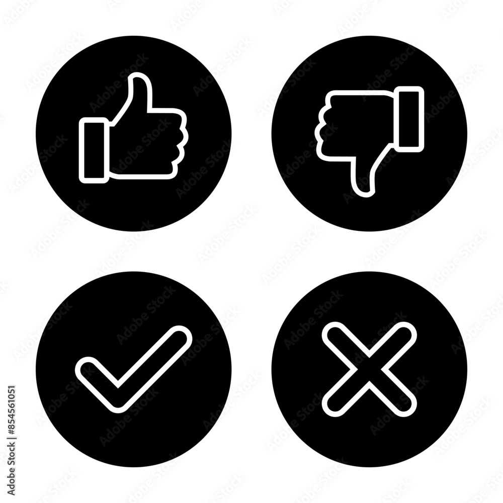 Thumb up, down, check, and cross line icon in black circle. Like, dislike, tick, and x mark sign symbol Thumb up, down, check, and cross line icon in black circle. Like, dislike, tick, and x mark sign symbol