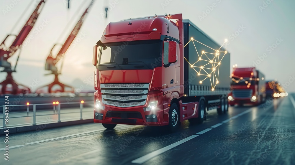A red semi-truck drives on a wet road after leaving a port A red semi-truck drives on a wet road after leaving a port