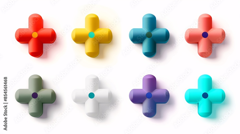 Obraz premium Vibrant 3D plus sign set in various colors, representing mathematical or medical concepts. Isolated abstract illustration on white.