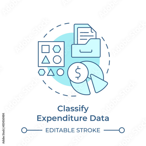 Classify expenditure data soft blue concept icon. Spend data management. Information classification. Round shape line illustration. Abstract idea. Graphic design. Easy to use in infographic