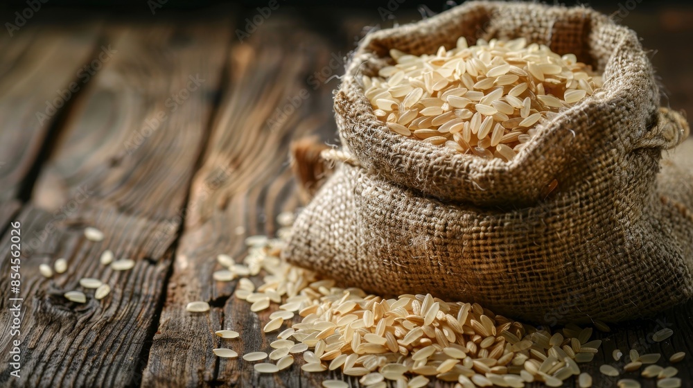 Brown rice in a linen sack, serene natural hues, on a brown wooden table top, simple and calming composition Brown rice in a linen sack, serene natural hues, on a brown wooden table top, simple and calming composition