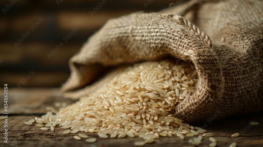 Brown rice in a linen sack, serene natural hues, on a brown wooden table top, simple and calming composition Brown rice in a linen sack, serene natural hues, on a brown wooden table top, simple and calming composition