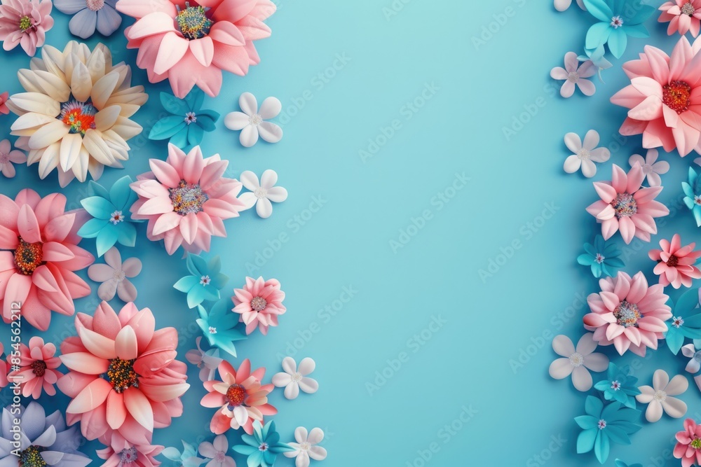 Fototapeta premium Vibrant Spring Floral Border on Blue Background - Design for Print, Card, Poster