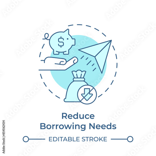 Reduce borrowing needs soft blue concept icon. Credit accounting, debt. Paper plane, money bag. Round shape line illustration. Abstract idea. Graphic design. Easy to use in infographic, presentation