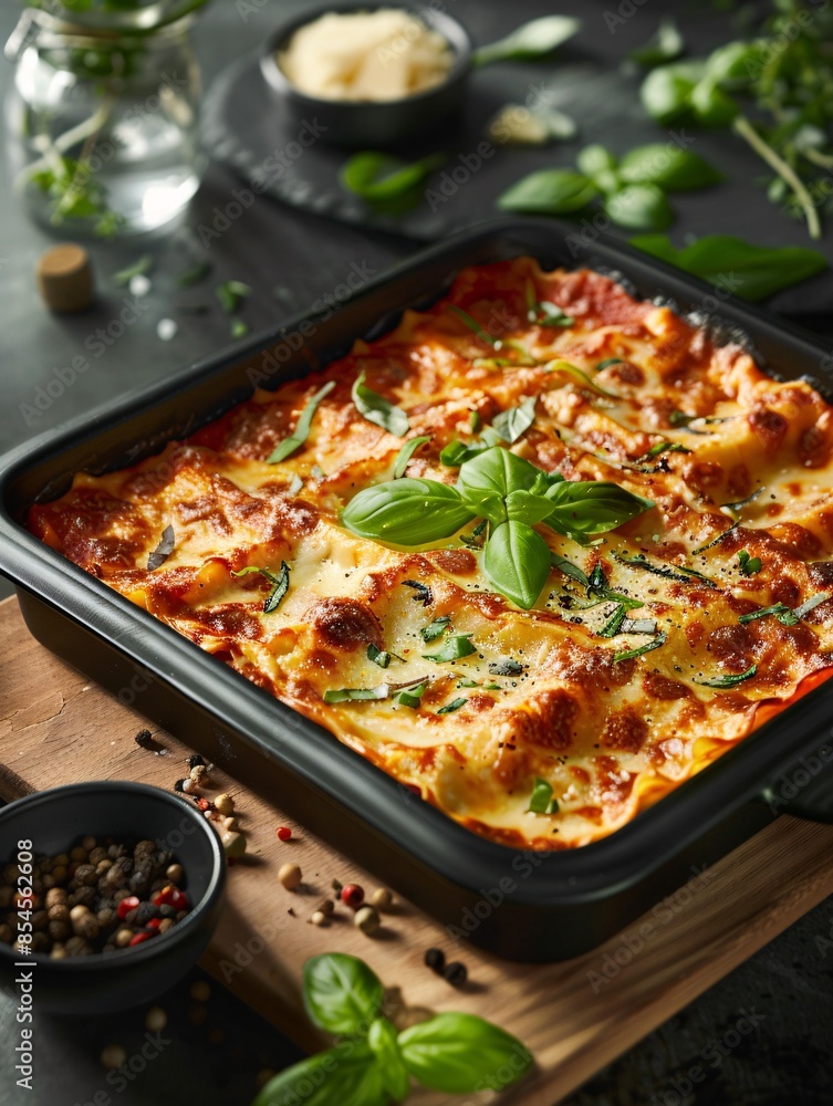 Classic lasagna with ground beef ragu and white sauce, garnished with fresh basil leaves. Classic lasagna with ground beef ragu and white sauce, garnished with fresh basil leaves.