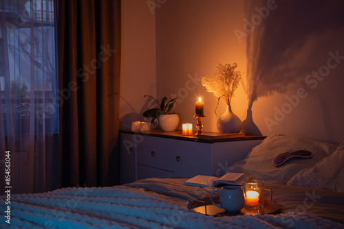 cup of tea in bedroom at night