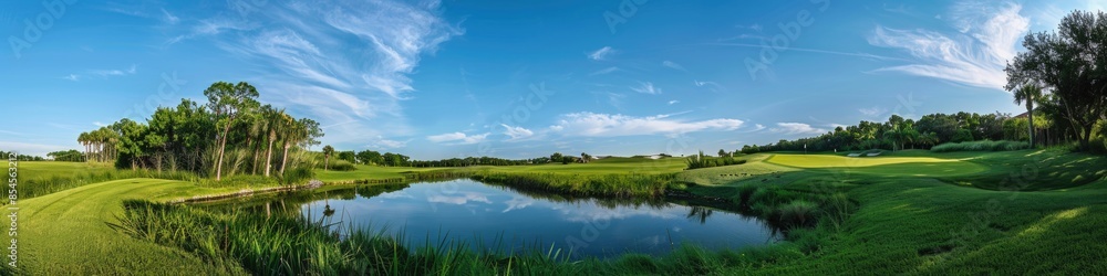 The Villages Golf Landscape Panorama - Green Meadows and Blue Sky in Florida The Villages Golf Landscape Panorama - Green Meadows and Blue Sky in Florida