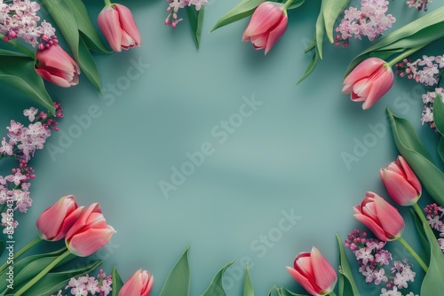 Spring Floral Border with Pink Tulips and Lilac Flowers on Turquoise Background for Greeting Cards or Posters © Anna