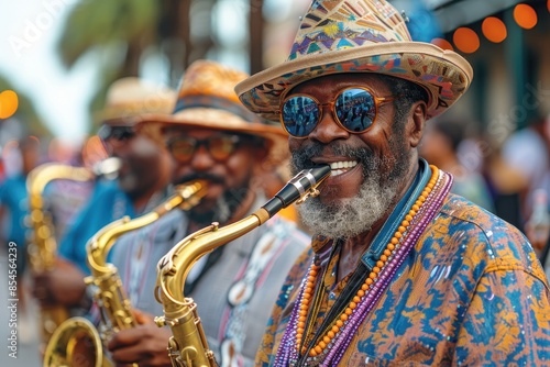 A festive New Orleans street with jazz musicians, colorful beads, and a lively crowd enjoying the Mardi Gras celebration.  photo