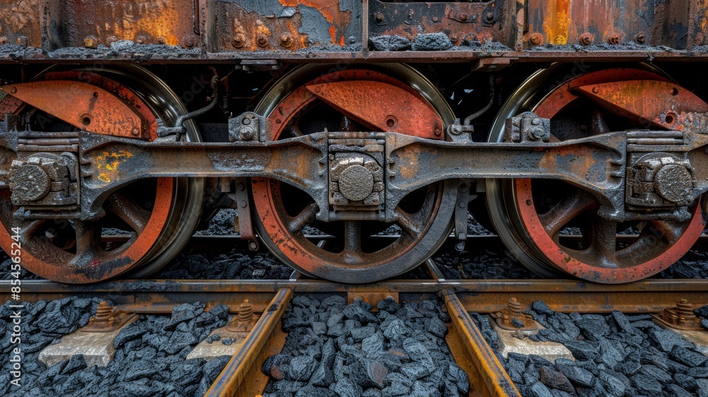 Naklejka premium Close-up of train wheels on rails, locomotive transporting coal, detailed and gritty, along railroad tracks, industrial vibe