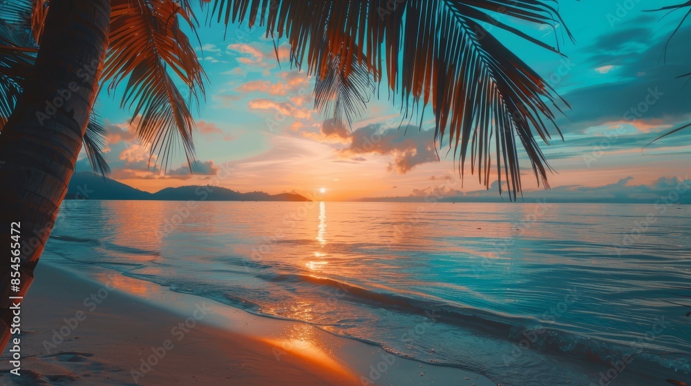 Fototapeta premium Panoramic sunset view of the beautiful coast, with turquoise sea next to fine sandy beaches and palm trees