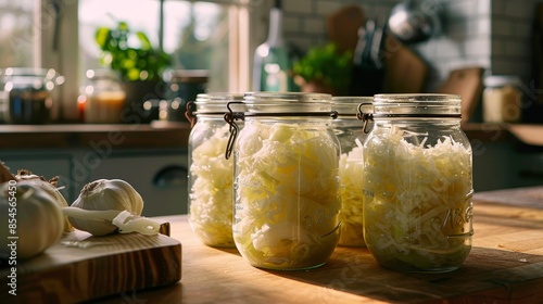 Detailed sauerkraut preparation, fermenting cabbage in glass jars, traditional preservation method, homey kitchen atmosphere photo