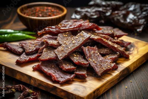 Sweet and spicy teriyaki beef jerky on a wooden board