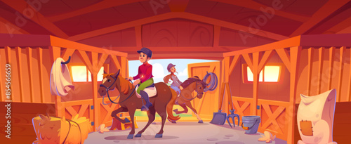 Horseback female and male riders in ammunition entering to stable on horse with saddle and bridle. Jockey on equine animal in farmhouse with wooden stall and hey stack. Equestrian creatures care.