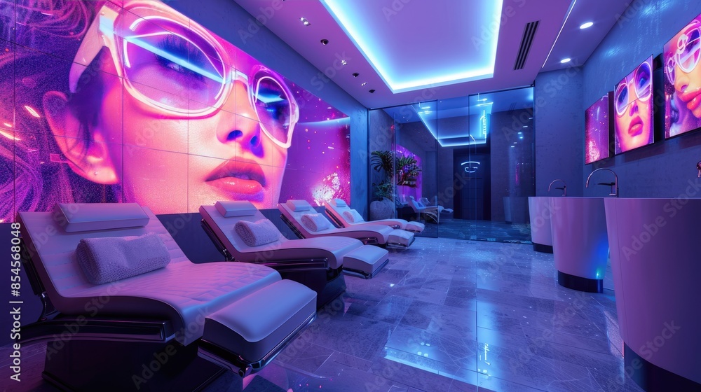 Modern lounge with neon lighting, featuring digital art of a woman's face, and comfortable seating for relaxation. Modern lounge with neon lighting, featuring digital art of a woman's face, and comfortable seating for relaxation.