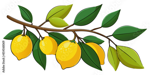 lemon on branch with leaves isolated on white
