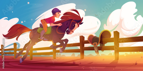 Equestrian sport training - cartoon vector horseman running gallop on equine animal with saddle and bridle outdoor. Horse school dressage. Country landscape with jockey in ammunition on racecourse.