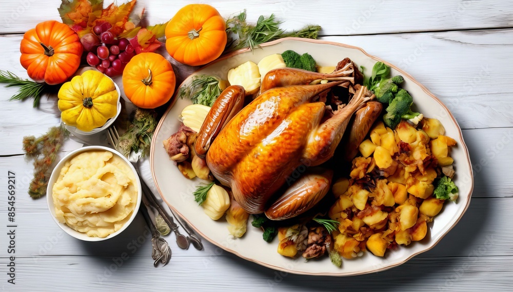 Baked chicken with vegetables on the Thanksgiving table Baked chicken with vegetables on the Thanksgiving table
