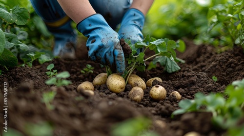 Gloved hands of a gardener unearthing potatoes, earthy textures, raw and natural scene, close-up of the action