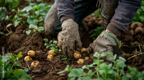 Hands in gardening gloves carefully digging potatoes from a bush, rich soil details, rustic and raw atmosphere, vibrant colors