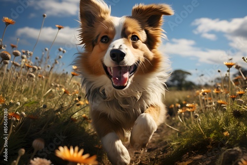 Illustration of a dog running happily in a green field. The beautiful blue sky, floating white clouds are bright and pleasing colors that make you feel rejuvenated, refreshed, joyful, and comfortable. © Chanawat