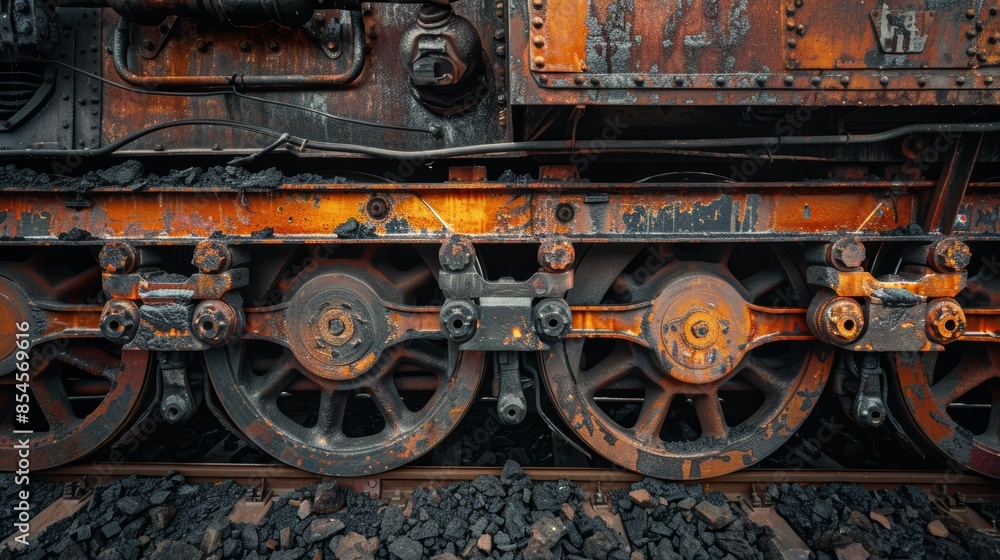 Industrial scene of train wheels on tracks, coal-laden locomotive, detailed and raw, moving through the railroad Industrial scene of train wheels on tracks, coal-laden locomotive, detailed and raw, moving through the railroad