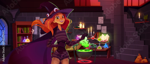 Red hair young witch in hat standing in magic wizard room interior with stairs and cabinet with books, cauldron with green brewing potion and glass beaks, candles and spells on wall. Cartoon vector.