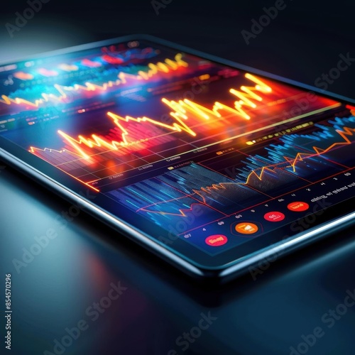 Upward graph on a digital tablet screen, tailored personal data, minimalist design, bright backlight, close-up angle, crisp details, contemporary style photo