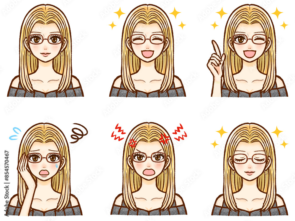 お洒落な金髪眼鏡大人ギャル女性のイラスト素材セット お洒落な金髪眼鏡大人ギャル女性のイラスト素材セット