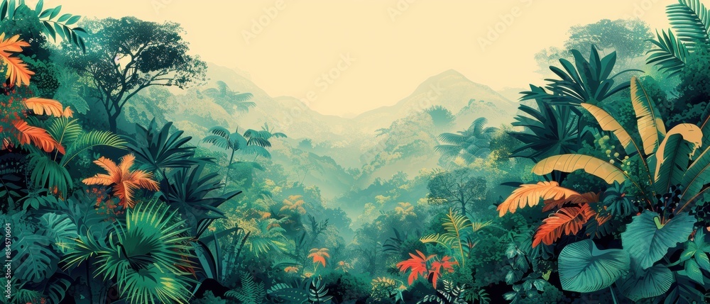 Obraz premium Vintage forest scene with vibrant greenery, animals, and a message of ecological preservation and harmony with nature.