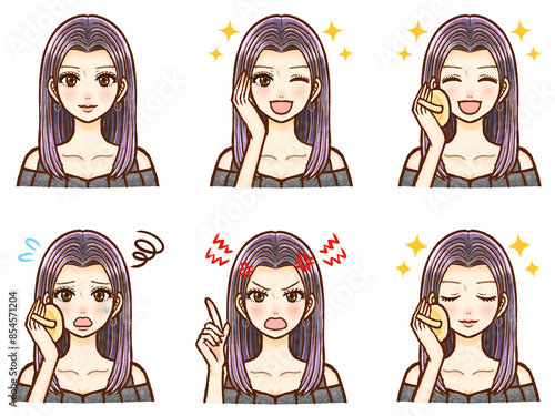 お洒落な黒髪大人ギャル女性のイラスト素材セット