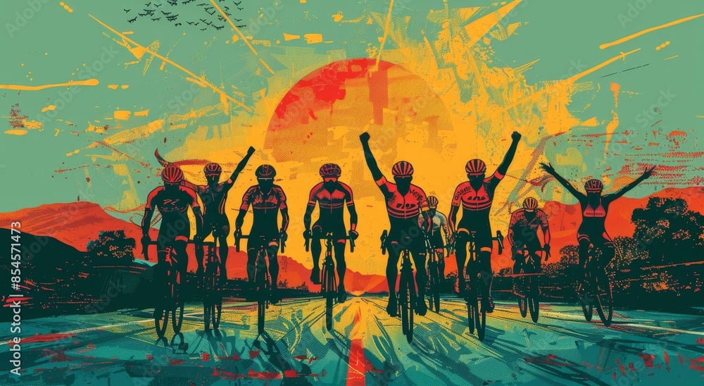Fototapeta premium A jade colored road, sunset behind the silhouette of a group of riders with arms raised in victory as they win the race, in the cycling poster, minimalist vector illustration, soft atmospheric scenes