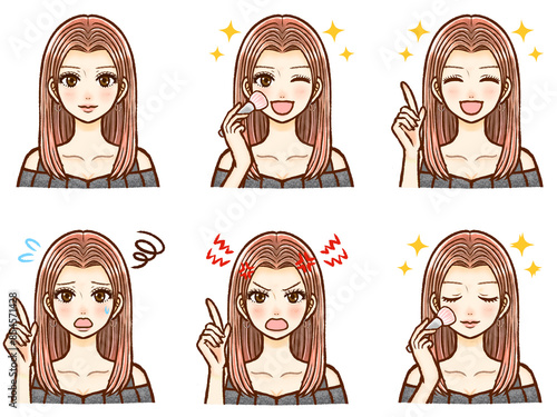 お洒落な茶髪大人ギャル女性のイラスト素材セット