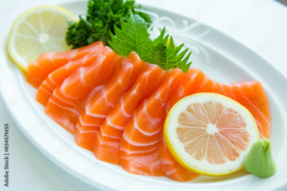 sliced Salmon with parsley leaf And lemon on white background sliced Salmon with parsley leaf And lemon on white background