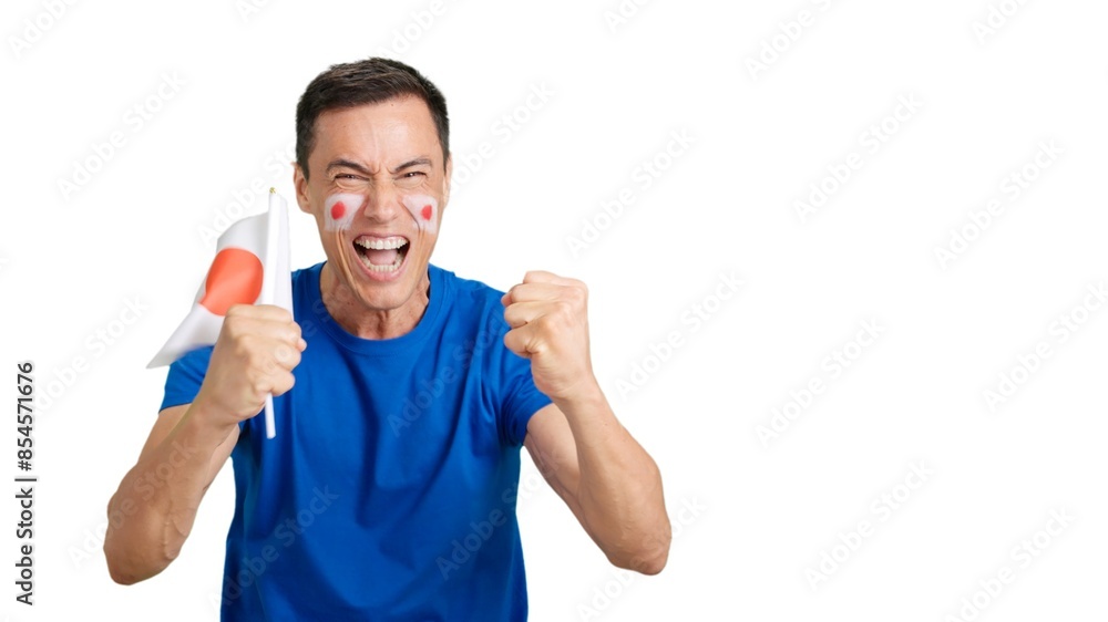 Man cheering for Japan screaming and waving a national flag Man cheering for Japan screaming and waving a national flag