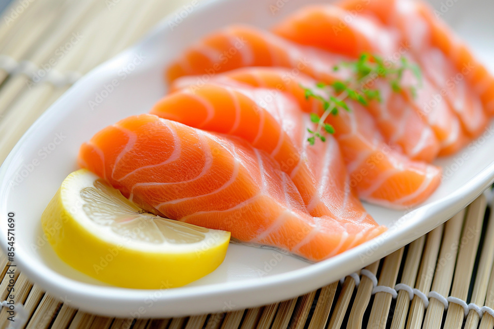 sliced Salmon with parsley leaf And lemon on white background sliced Salmon with parsley leaf And lemon on white background
